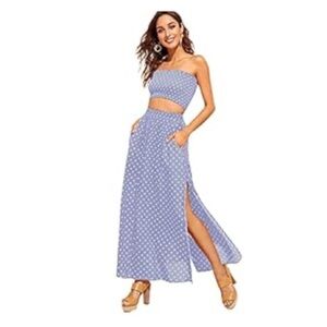 Floerns 2 Piece Polka Dot Set Lavender Smocked Tube Top Maxi Skirt Small